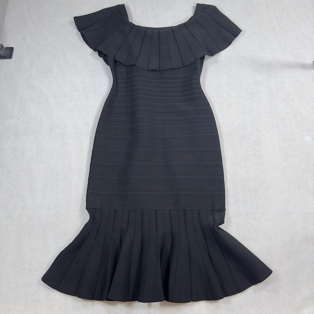 Herve Leger HBF64P94 Black Bandage Dress L Ruffle Mermaid Flare Bodycon